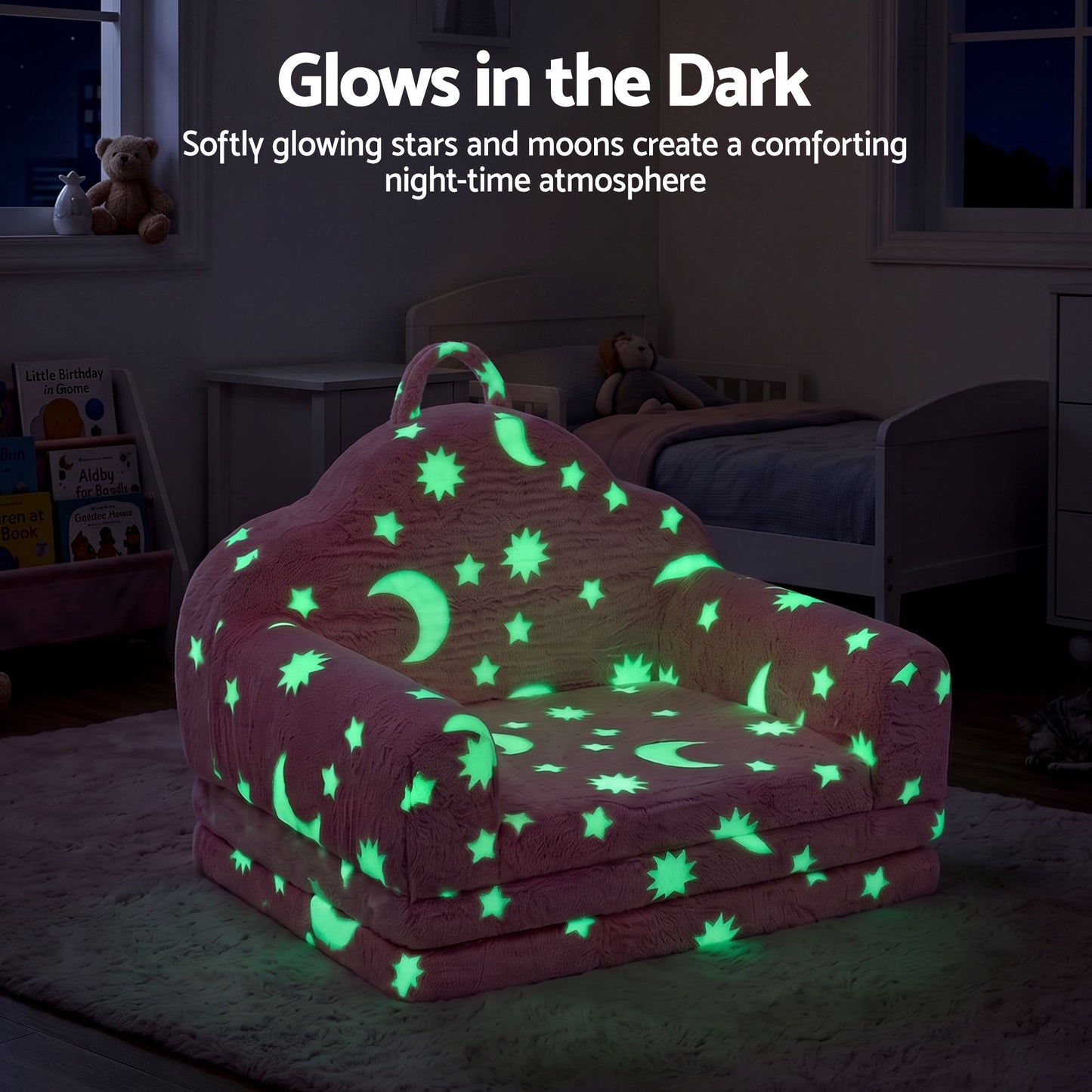 Keezi Kids 2-in-1 Fold Out Sofa Bed Glow in the Dark, Pink