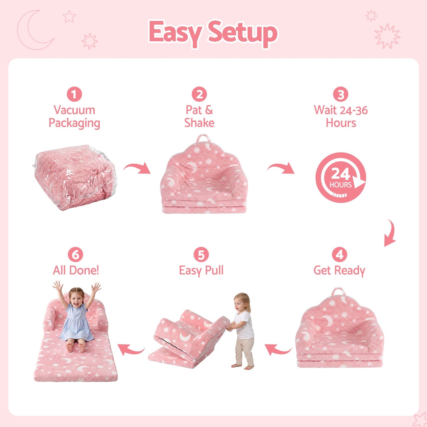 Keezi Kids 2-in-1 Fold Out Sofa Bed Glow in the Dark, Pink