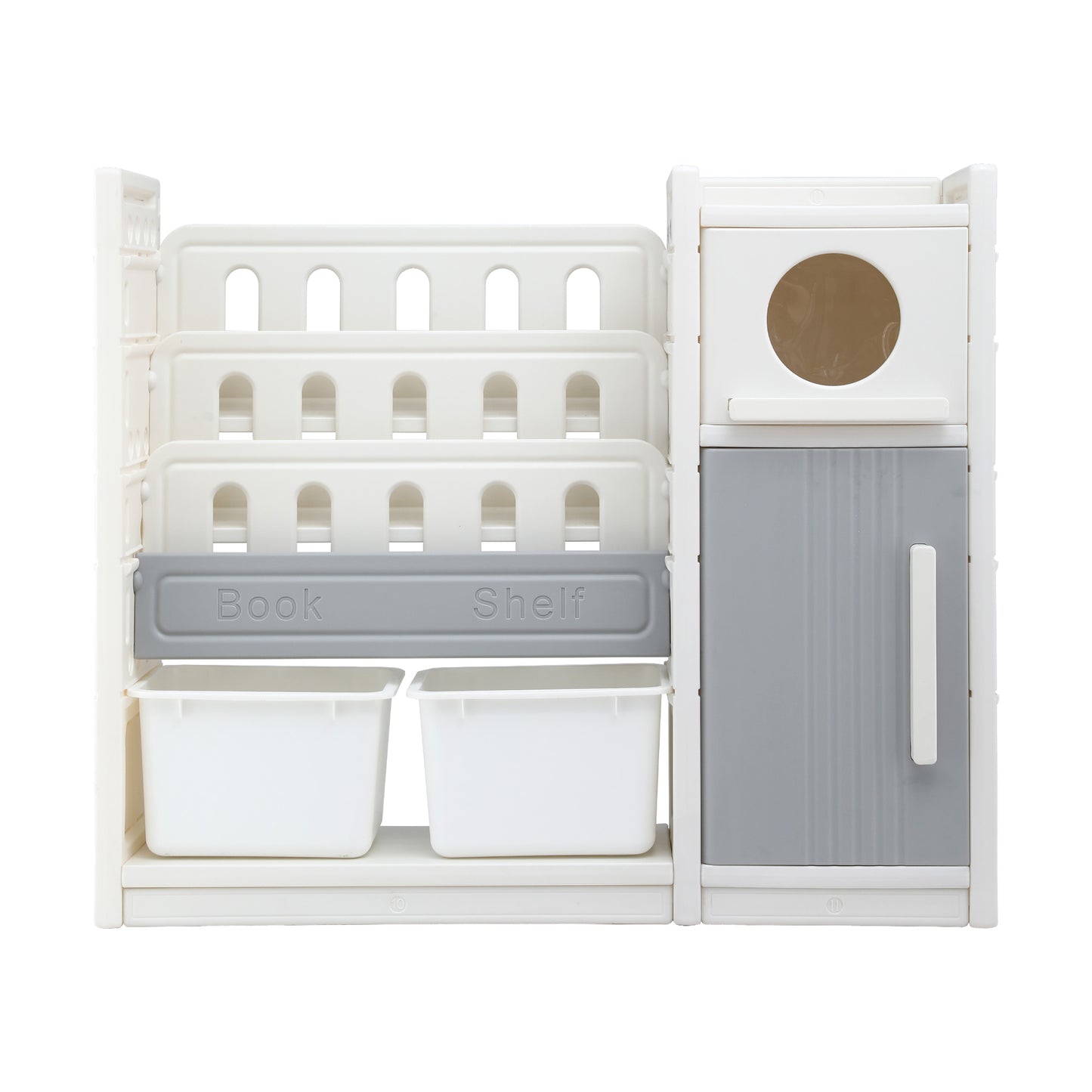 Keezi Kids Bookshelf and Toy Storage Organizer with 3-Tier Bookshelvs, 2 Removable Bins and 2 Storage Cabinets, Toddler Bookshelf with Toy Organizer for Kids' Rooms, Playrooms