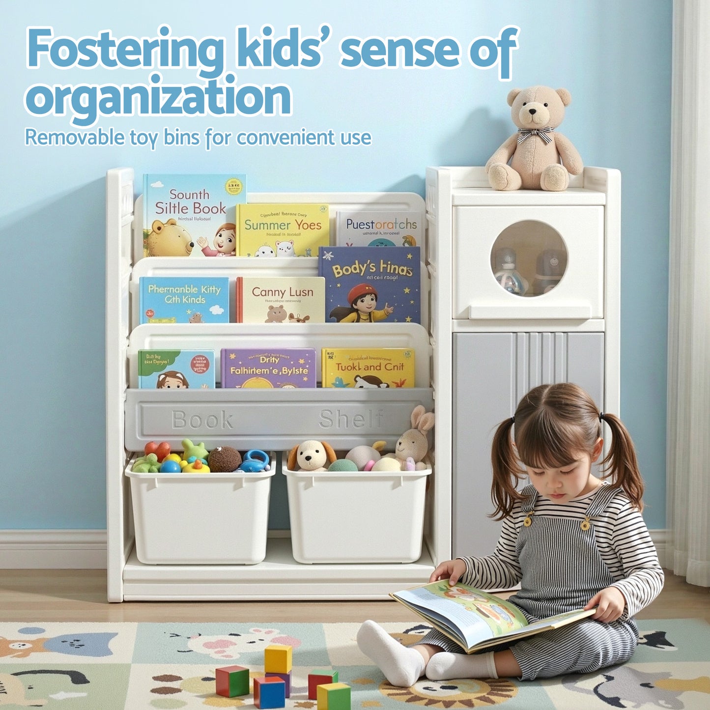 Keezi Kids Bookshelf and Toy Storage Organizer with 3-Tier Bookshelvs, 2 Removable Bins and 2 Storage Cabinets, Toddler Bookshelf with Toy Organizer for Kids' Rooms, Playrooms