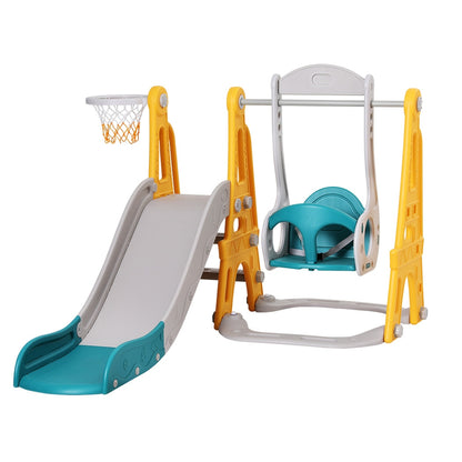 Green outdoor kids slide and swing set featuring a sturdy frame and vibrant colors for backyard play and exercise