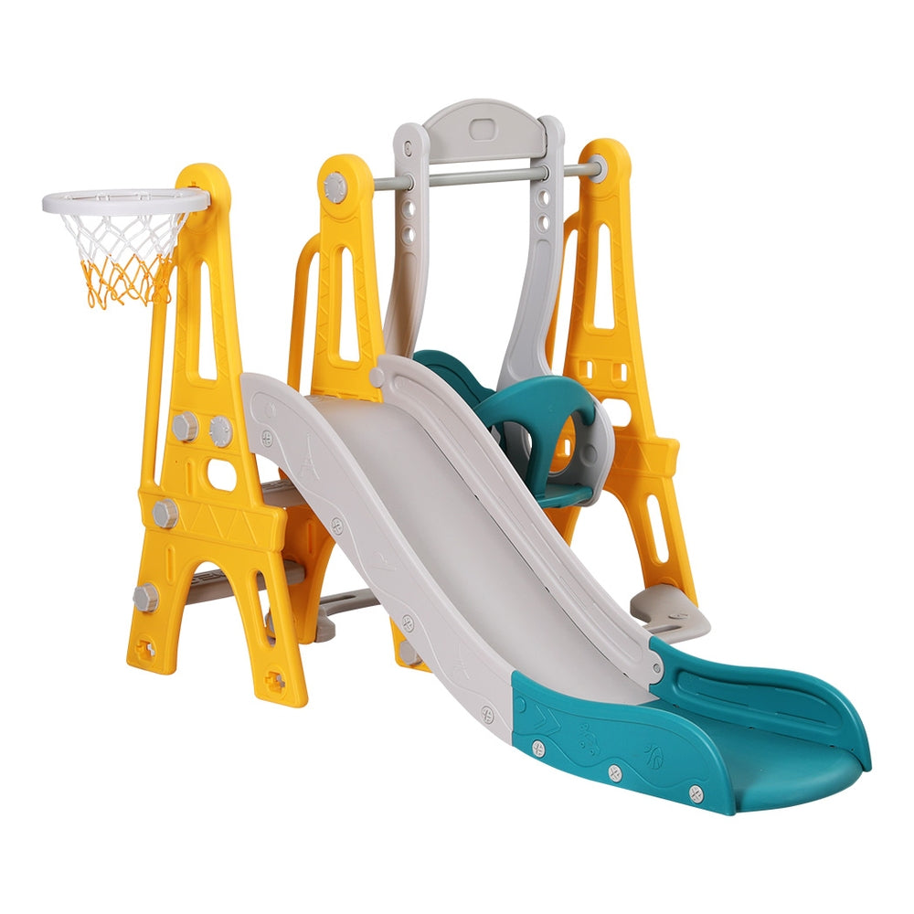 Vibrant green kids outdoor play set featuring a sturdy slide and swing for active backyard fun