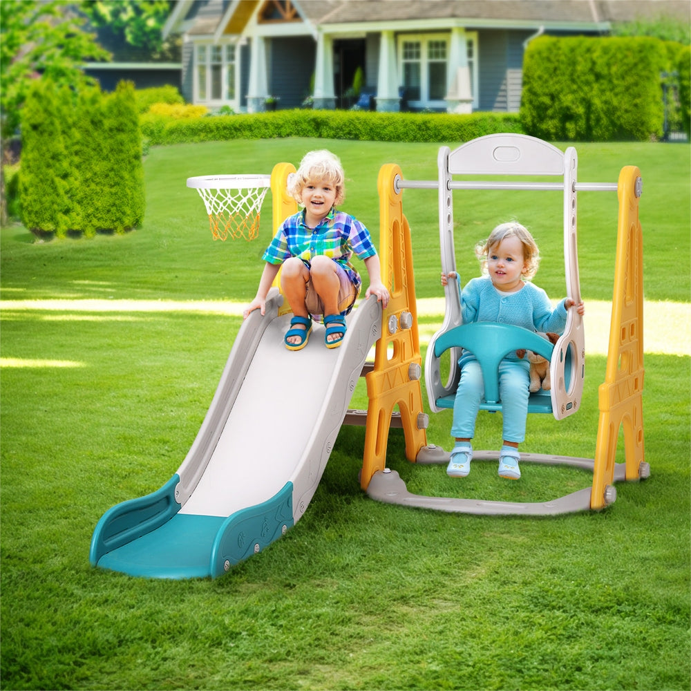 Green outdoor play set featuring a slide and swing for childrens backyard fun and active entertainment