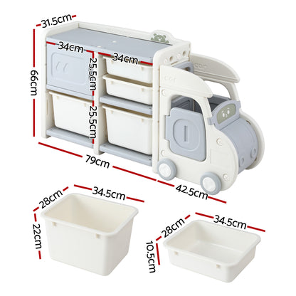 Keezi Toy Storage Organizer with 4 Storage Bins and Cabinet, Bookcase Kids Toys Box, Toy Storage for Kids Room, Playroom, Bedroom, Nursery, Car Shaped