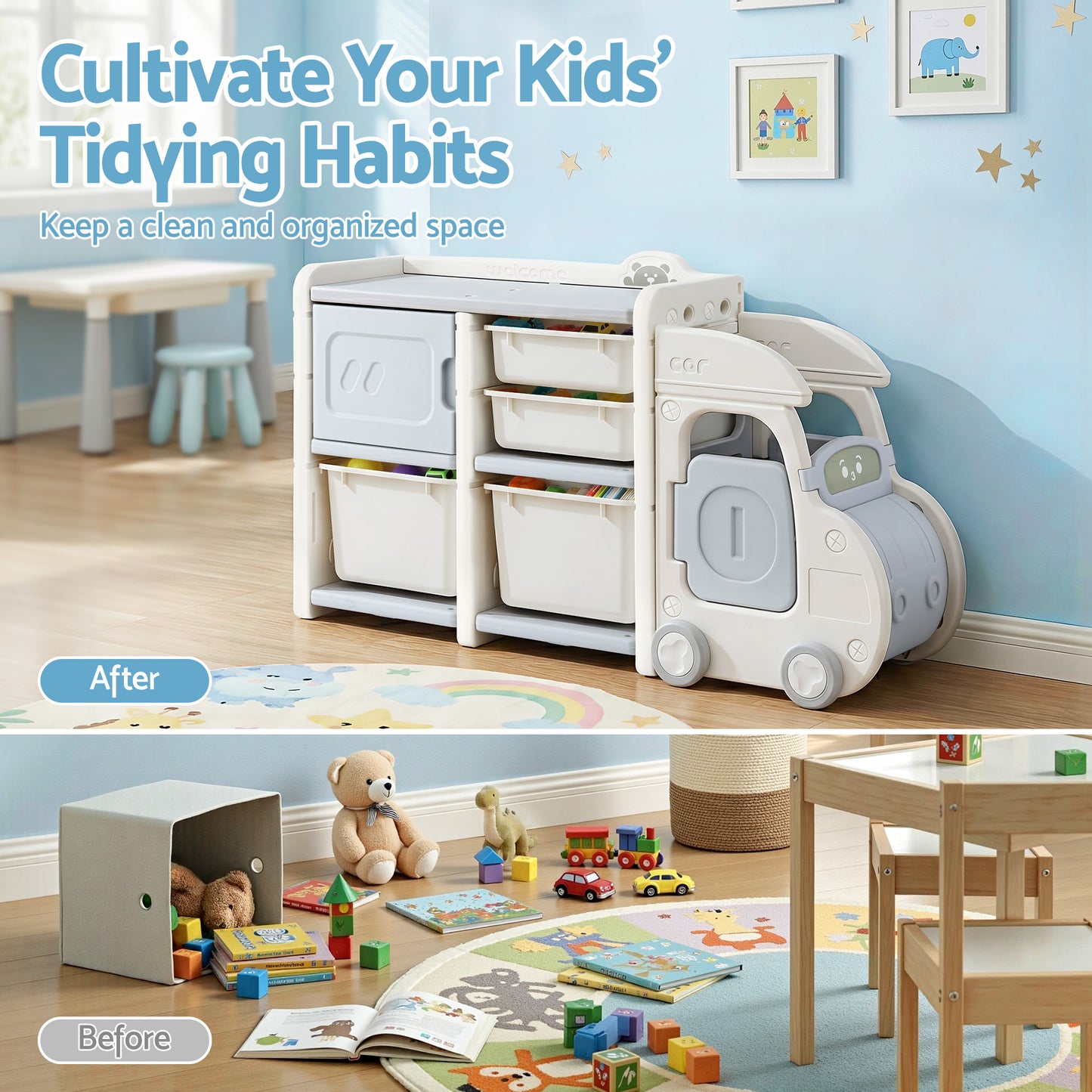 Keezi Toy Storage Organizer with 4 Storage Bins and Cabinet, Bookcase Kids Toys Box, Toy Storage for Kids Room, Playroom, Bedroom, Nursery, Car Shaped