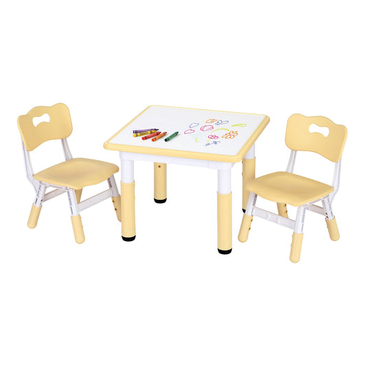 Keezi Kids Table and 2 Chairs Set Height Adjustable Toddler Desk Yellow
