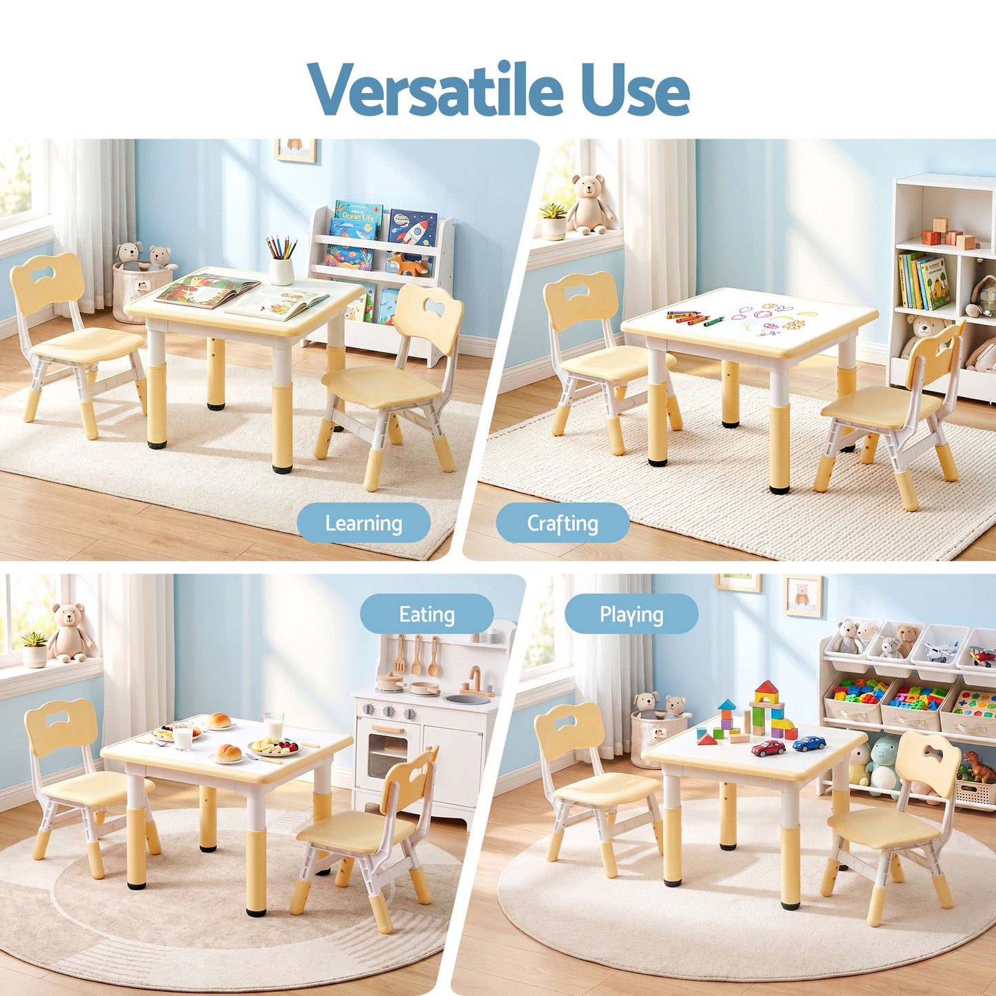 Keezi Kids Table and 2 Chairs Set Height Adjustable Toddler Desk Yellow