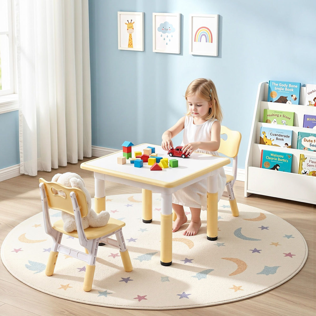 Keezi Kids Table and 2 Chairs Set Height Adjustable Toddler Desk Yellow