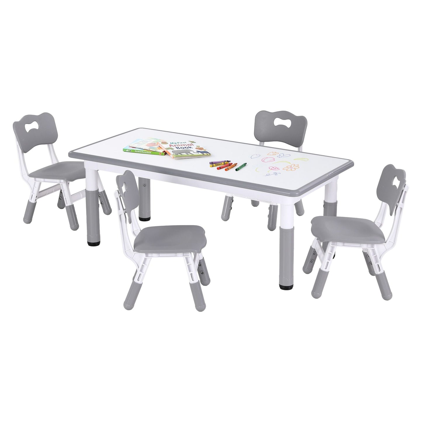Keezi Kids Table and 4 Chairs Set Height Adjustable Toddler Desk Grey