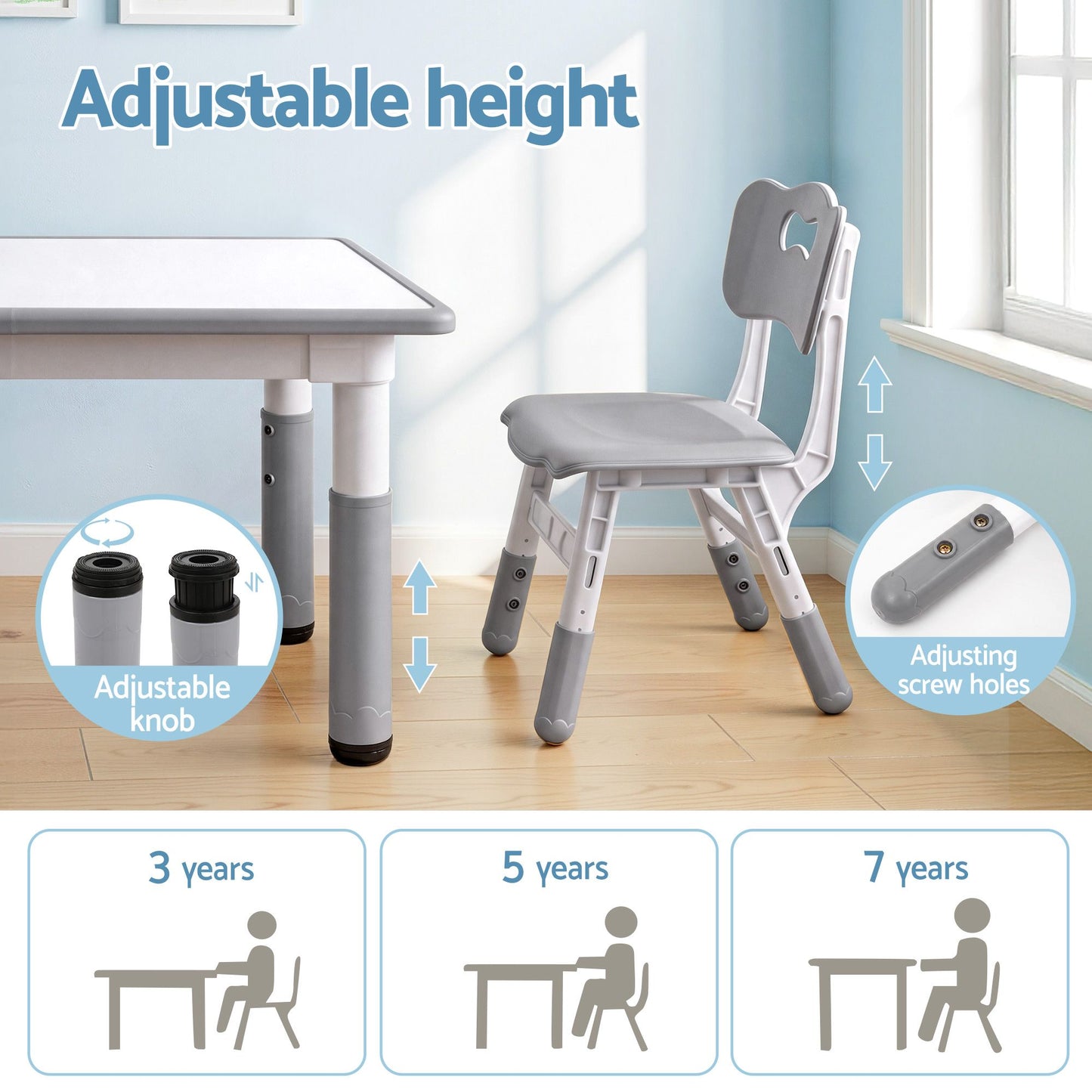 Keezi Kids Table and 4 Chairs Set Height Adjustable Toddler Desk Grey
