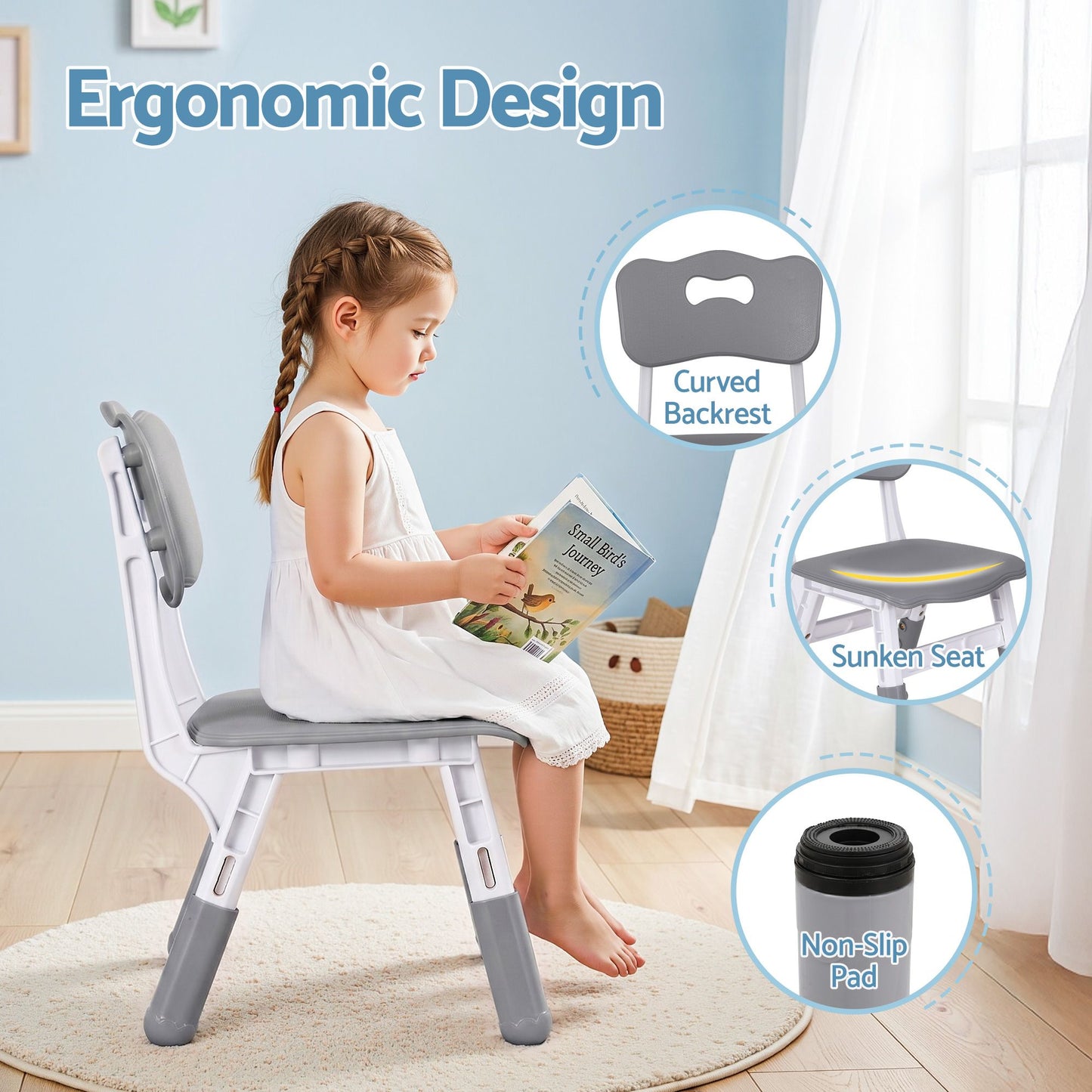 Keezi Kids Table and 4 Chairs Set Height Adjustable Toddler Desk Grey