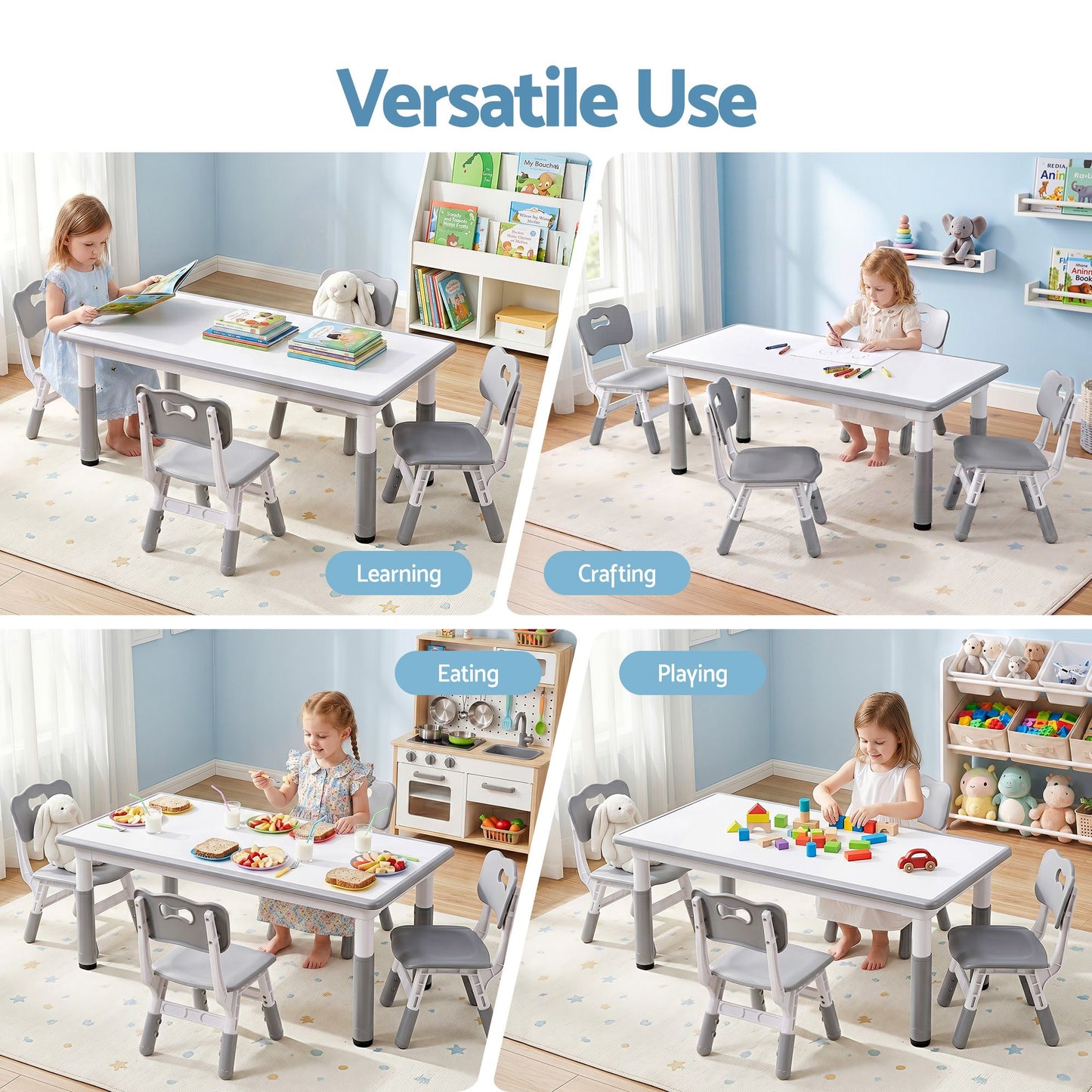 Keezi Kids Table and 4 Chairs Set Height Adjustable Toddler Desk Grey