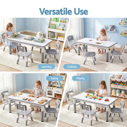Keezi Kids Table and 4 Chairs Set Height Adjustable Toddler Desk Grey