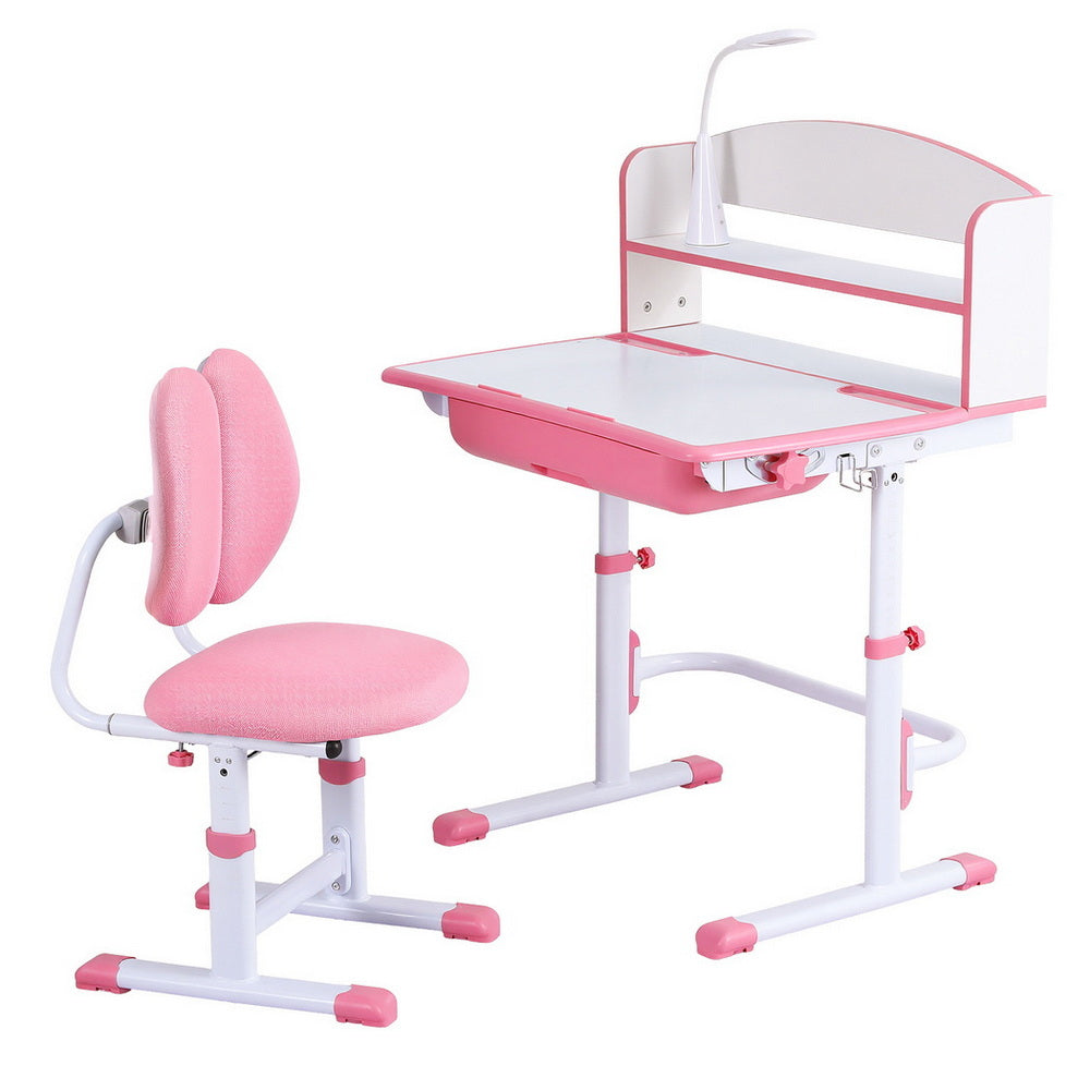 Keezi Kids Study Desk Chair Set Adjustable Ergonomic Table LED Lamp Pink