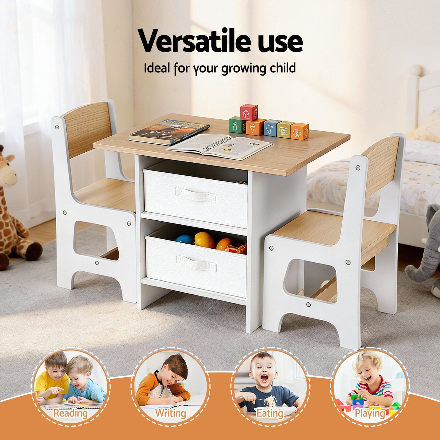 Keezi Kids Table and 2 Chairs Set Wooden Activity Table wit 2 Storage Drawers, Toddler Table and Chair Set for Children Drawing, Reading, Crafts, Eating, Natural