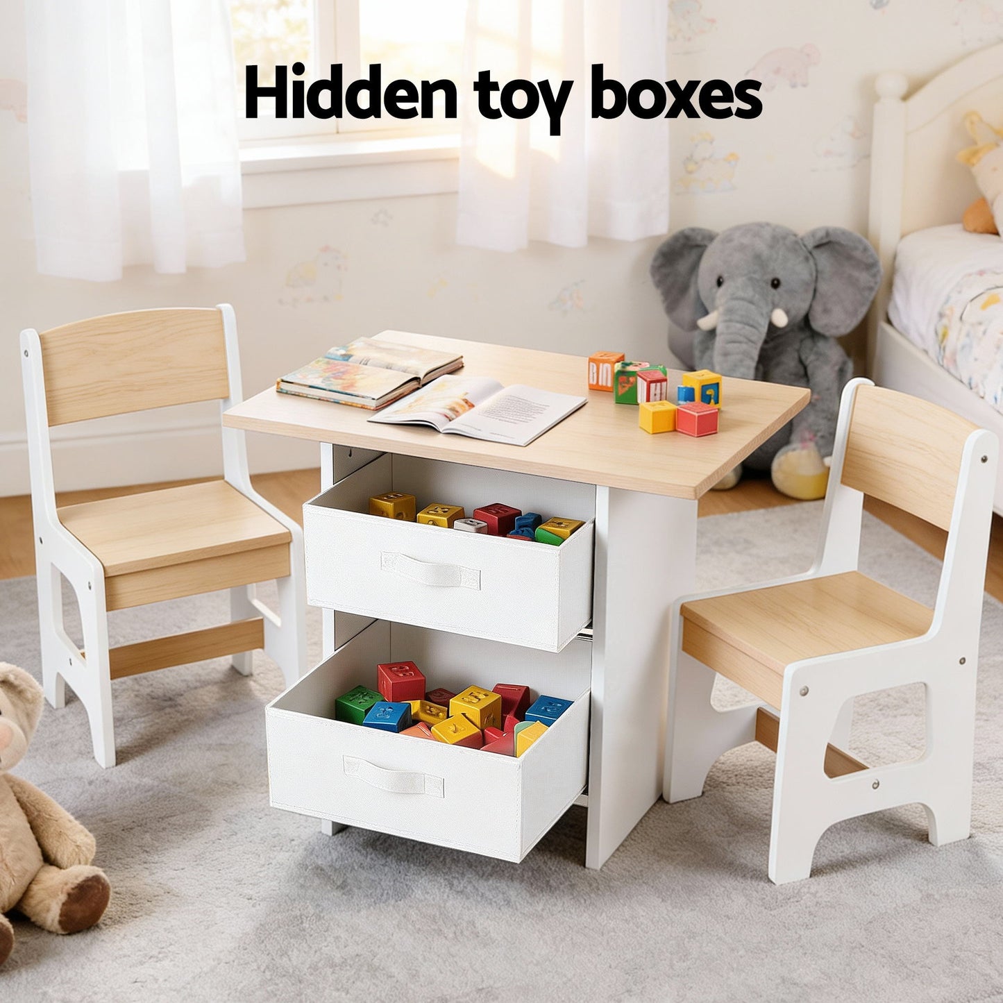 Keezi Kids Table and 2 Chairs Set Wooden Activity Table wit 2 Storage Drawers, Toddler Table and Chair Set for Children Drawing, Reading, Crafts, Eating, Natural