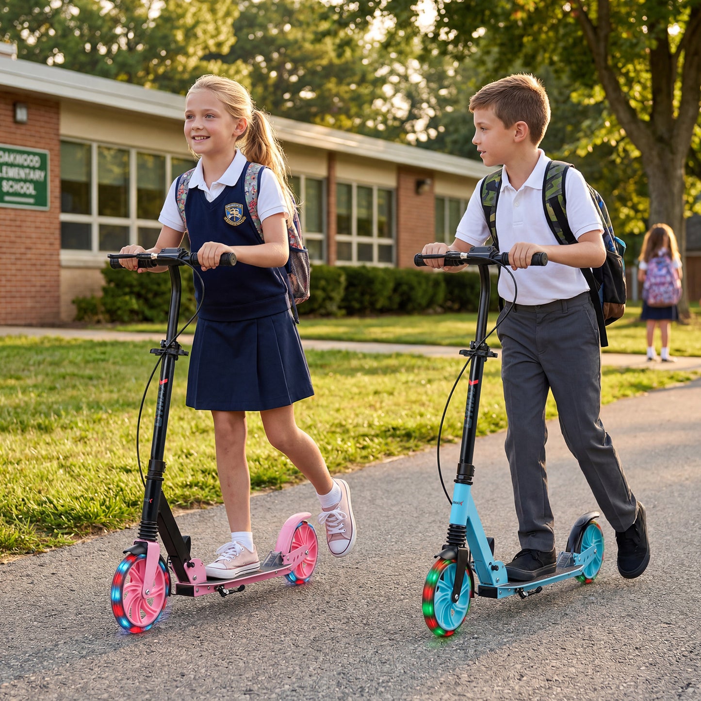 Costway Kick Scooter for Kids with Large Light Up Wheels and Hand Brake-Blue