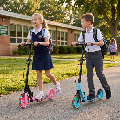 Costway Kick Scooter for Kids with Large Light Up Wheels and Hand Brake-Blue