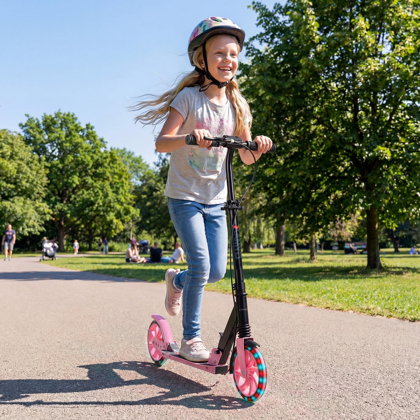 Pink Kids Kick Scooter | Light Up Wheels & Hand Brake