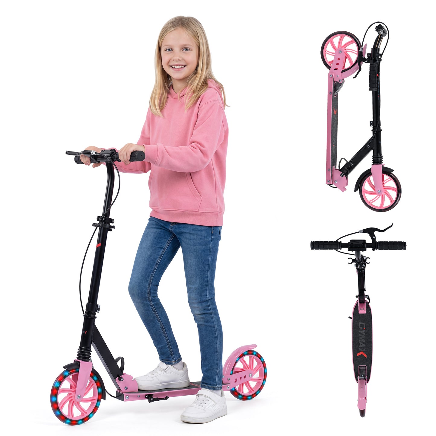 Pink Kids Kick Scooter | Light Up Wheels & Hand Brake