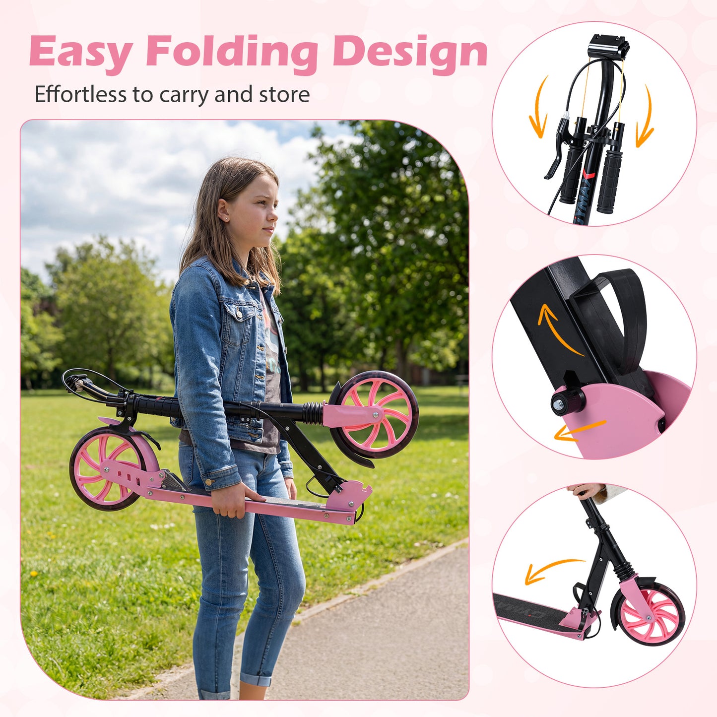 Pink Kids Kick Scooter | Light Up Wheels & Hand Brake