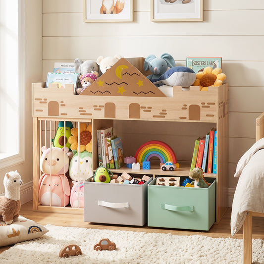 Costway Kids Bookshelf with Stuffed Animal Storage and Fabric Drawers-Natural