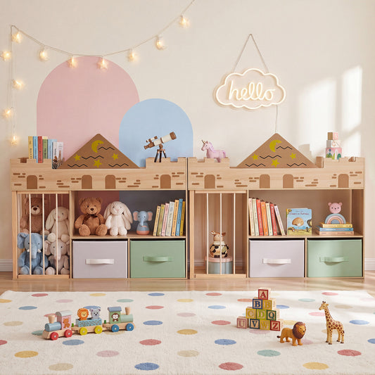 Kids Castle Bookshelf | Natural Wood With Stuffed Animal Storage