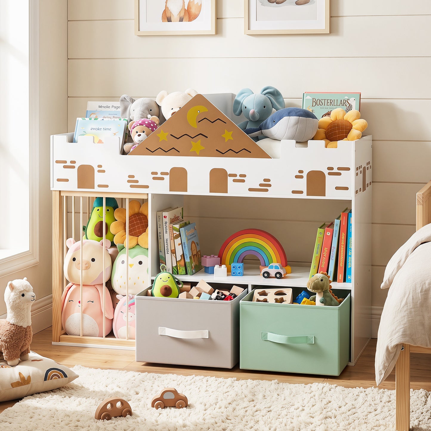 Costway Kids Bookshelf with Stuffed Animal Storage and Fabric Drawers-White