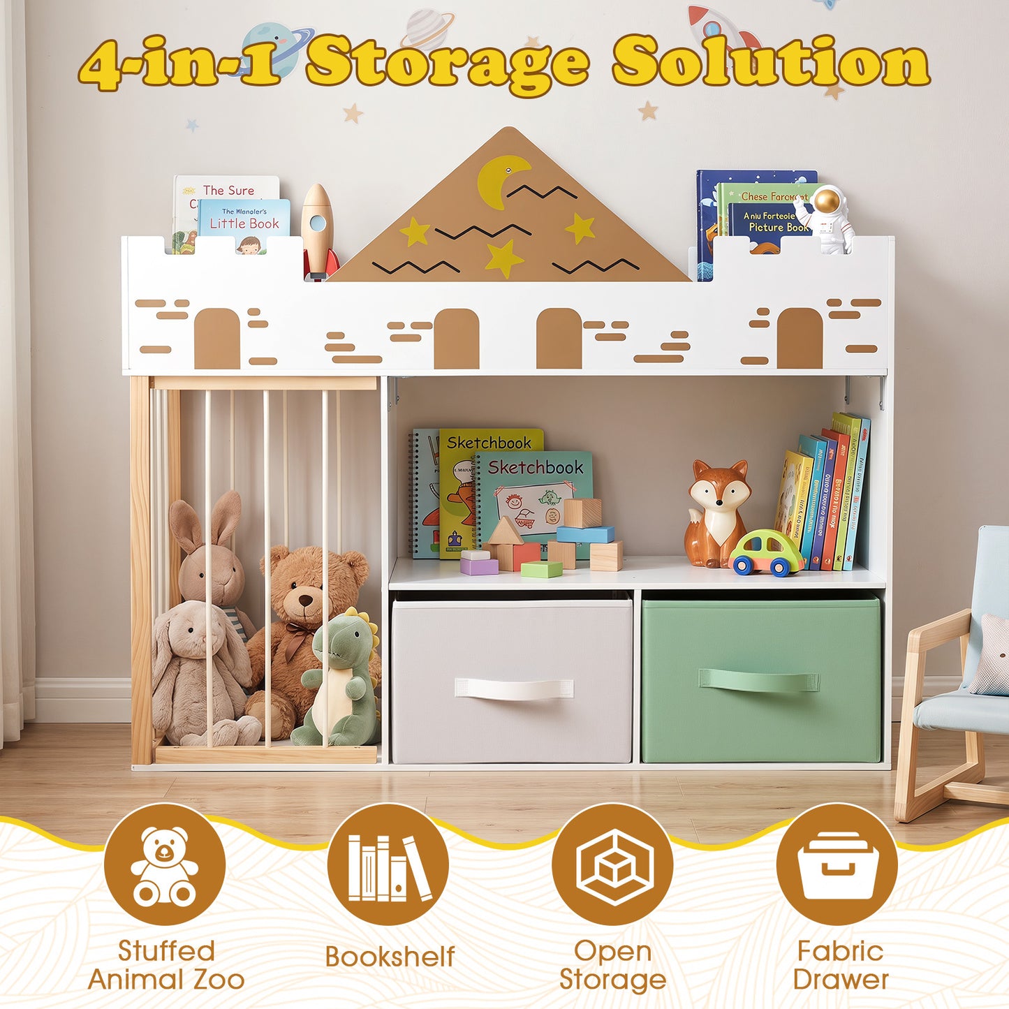 White Castle Kids Bookshelf | Stuffed Animal Storage Drawers