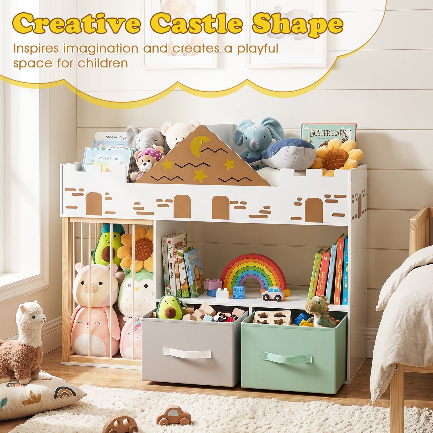 White Castle Kids Bookshelf | Stuffed Animal Storage Drawers