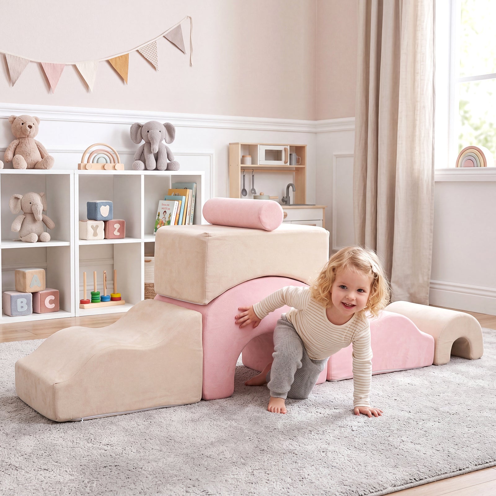 Costway Kids Crawl and Climb foam Play Set 6-Piece with Suede Fabric Covers-Pink