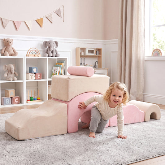 Costway Kids Crawl and Climb foam Play Set 6-Piece with Suede Fabric Covers-Pink