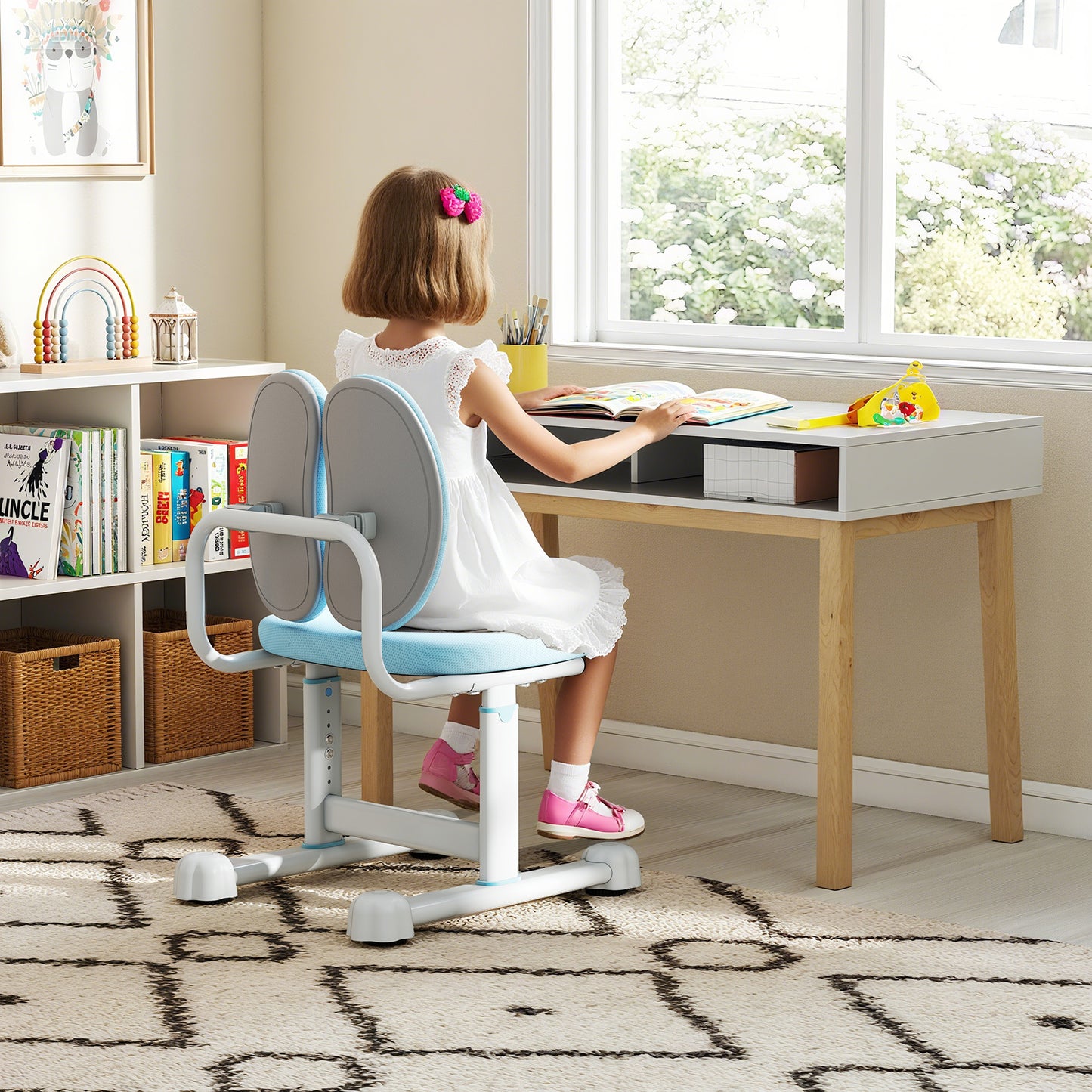 Costway Kids Desk Chair Children Study Chair with Double Back Support and Adjustable Height-Blue