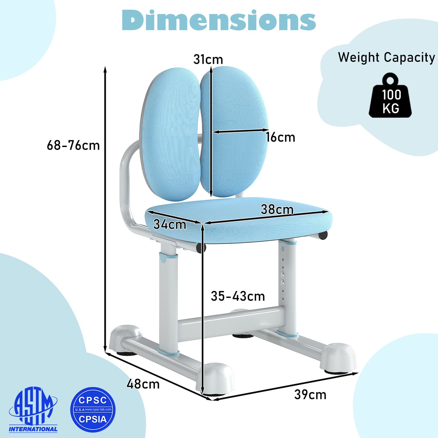 Blue Kids Desk Chair | Adjustable Height & Dual Back Support
