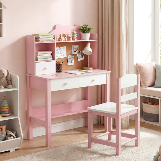 Costway Kids Desk and Chair Set with Drawers and Cork Bulletin Board-Pink&White