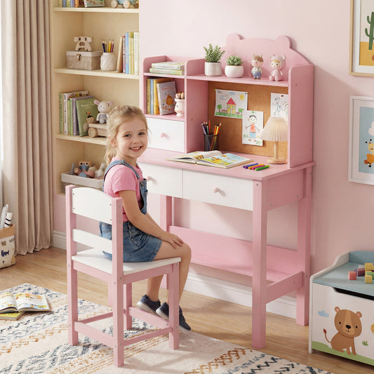 Pink & White Kids Desk and Chair Set | Drawers & Cork Board
