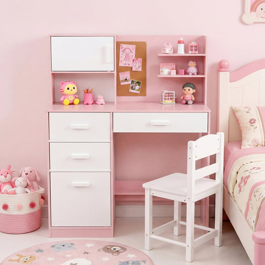 Pink Kids Desk and Chair Set | Hutch Storage & Bulletin Board