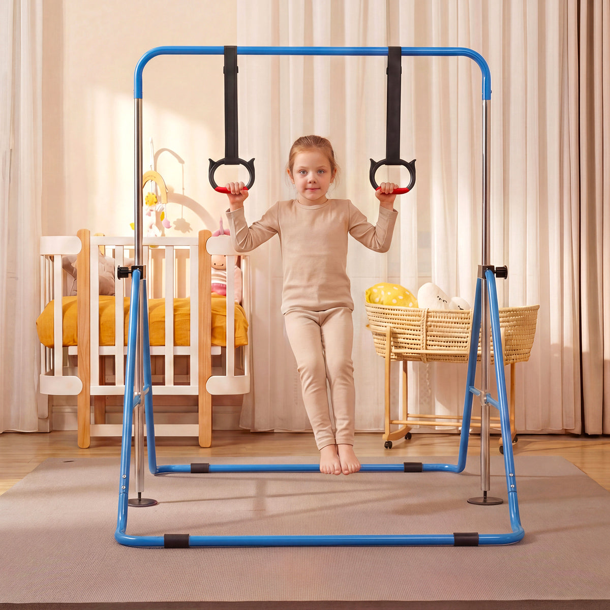 Costway Kids Gymnastic Horizontal Bar with 4 Adjustable Heights for Training Room-Navy