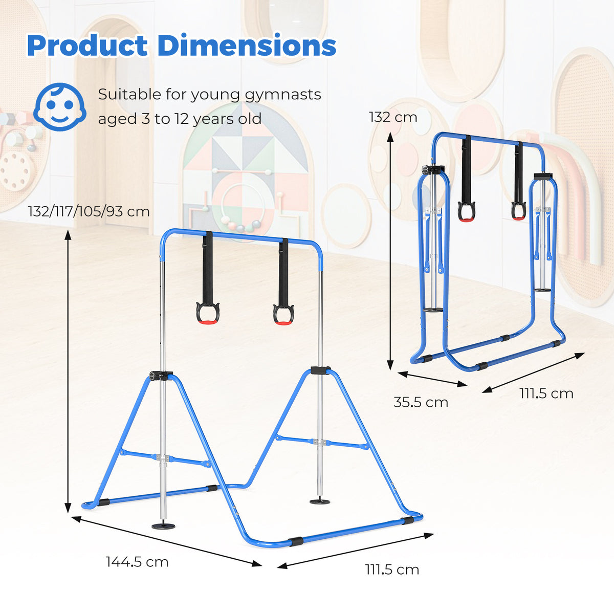 Kids Gymnastic Horizontal Bar | 4 Heights Navy Blue Training Bar