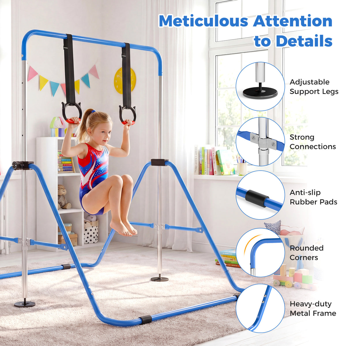Kids Gymnastic Horizontal Bar | 4 Heights Navy Blue Training Bar