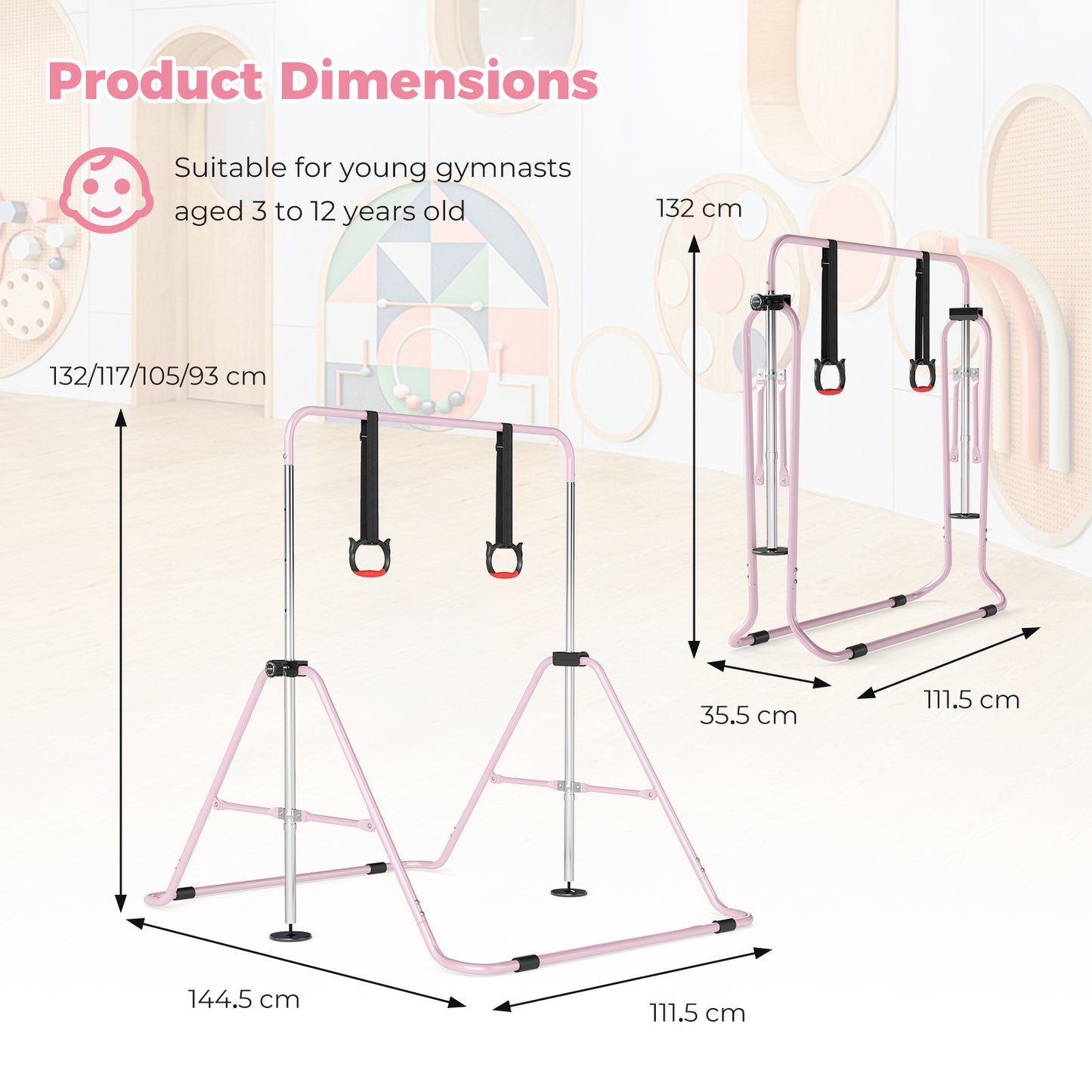 Pink Kids Gymnastic Bar | 4 Adjustable Heights & Foldable