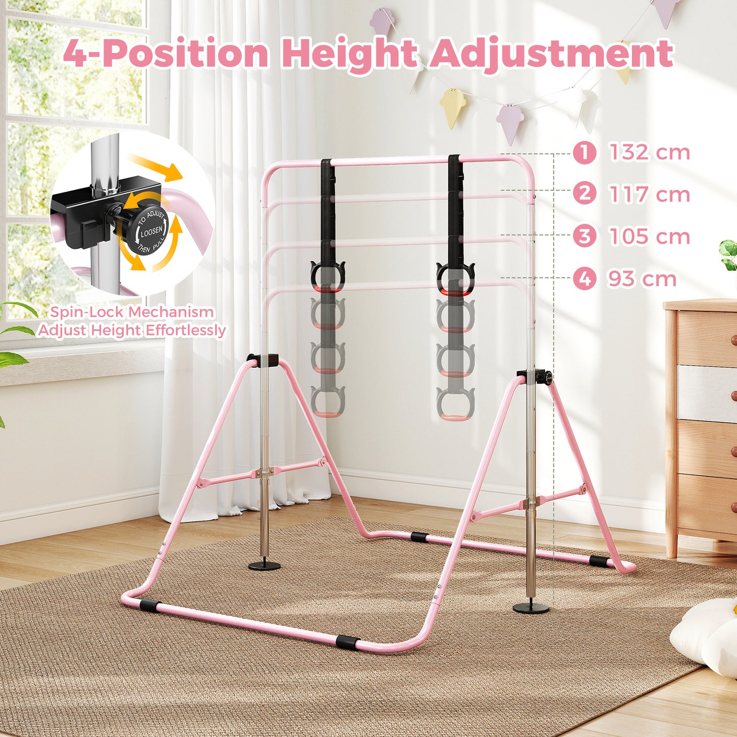 Pink Kids Gymnastic Bar | 4 Adjustable Heights & Foldable