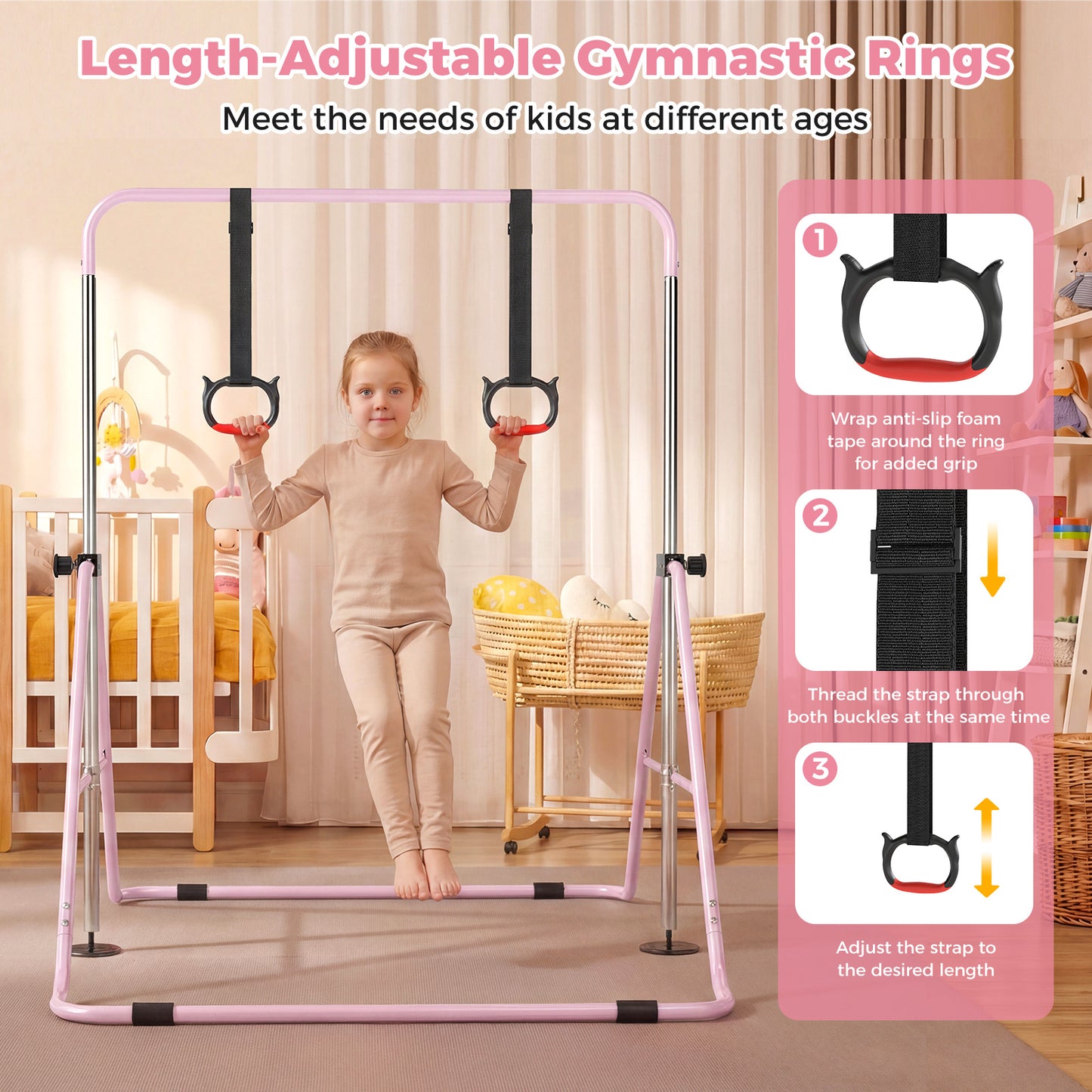 Pink Kids Gymnastic Bar | 4 Adjustable Heights & Foldable