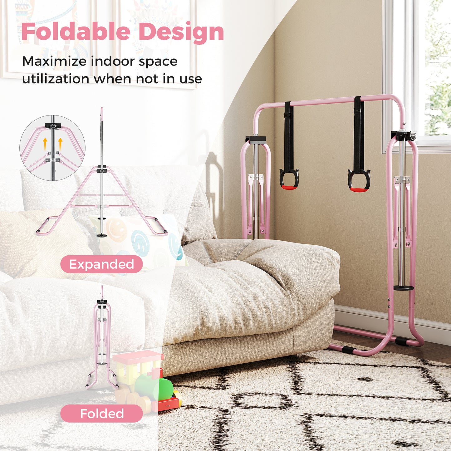 Pink Kids Gymnastic Bar | 4 Adjustable Heights & Foldable