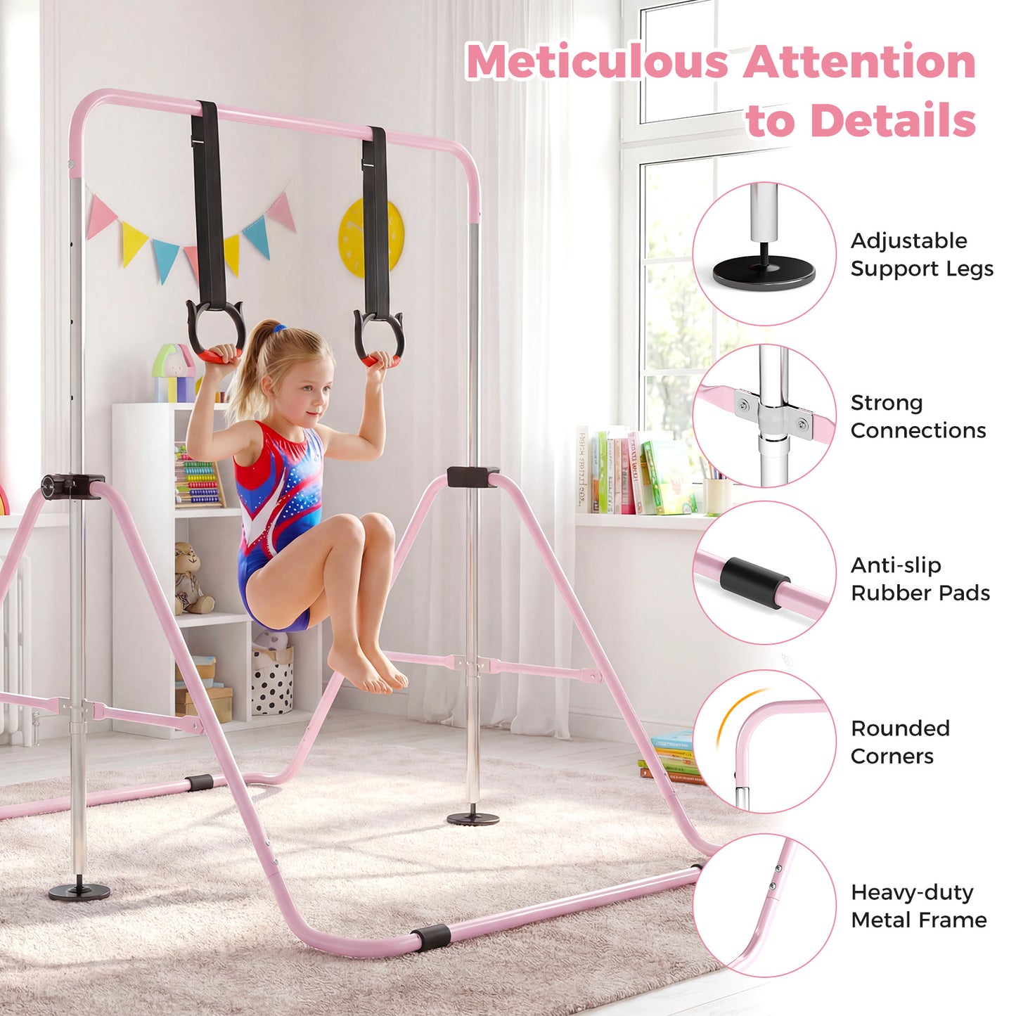 Pink Kids Gymnastic Bar | 4 Adjustable Heights & Foldable