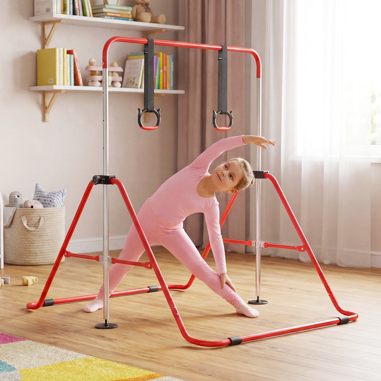 Kids Gymnastic Horizontal Bar 4 Heights with Rings | Red