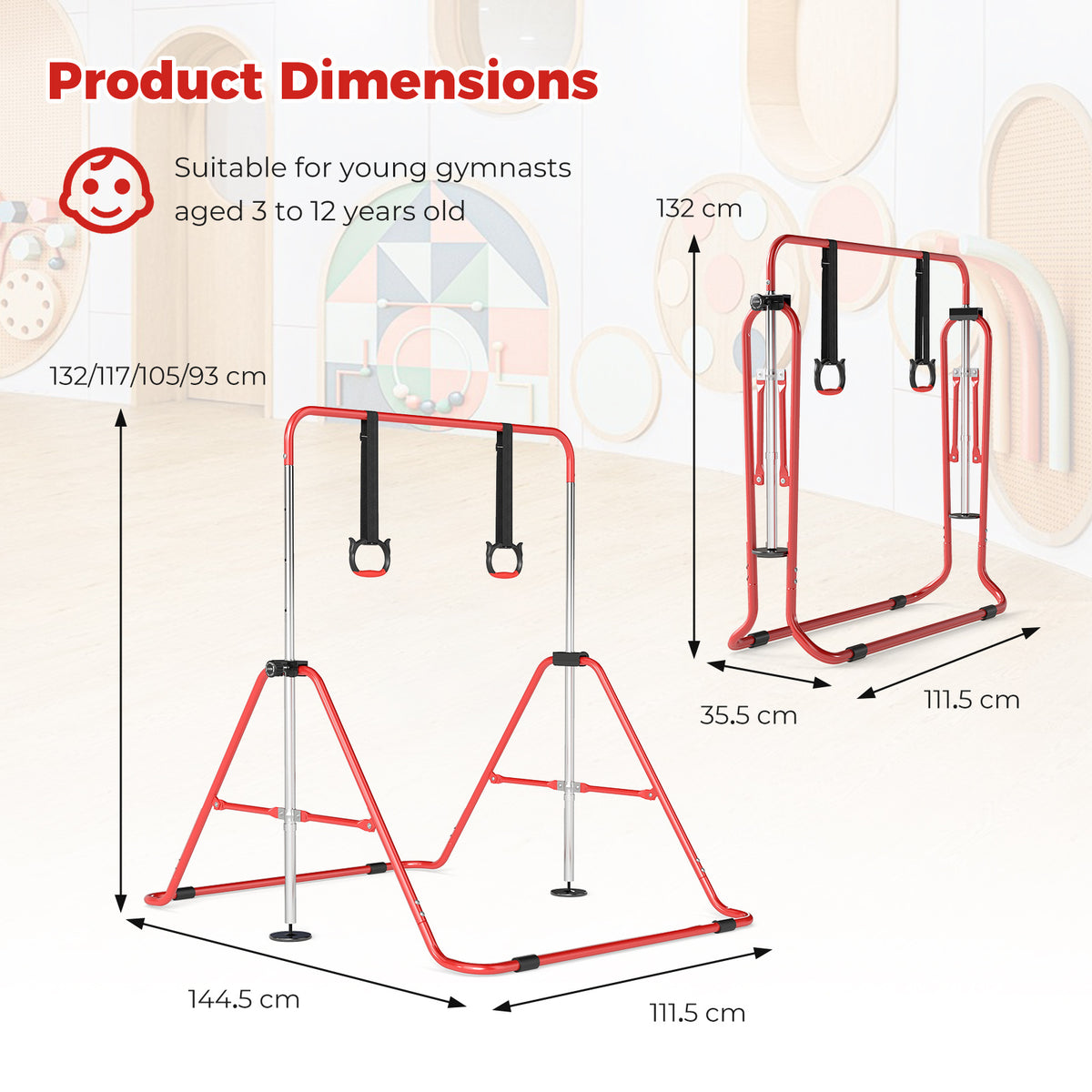 Kids Gymnastic Horizontal Bar 4 Heights with Rings | Red