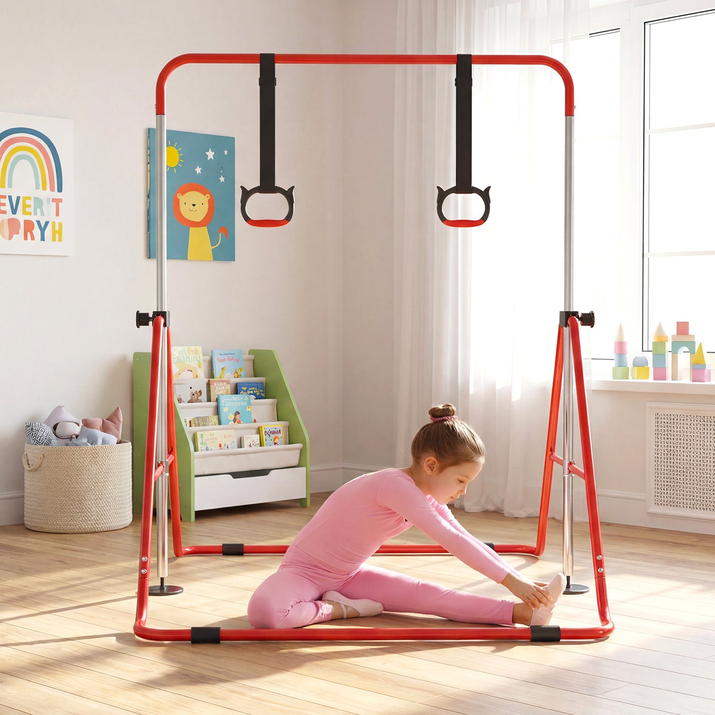 Kids Gymnastic Horizontal Bar 4 Heights with Rings | Red