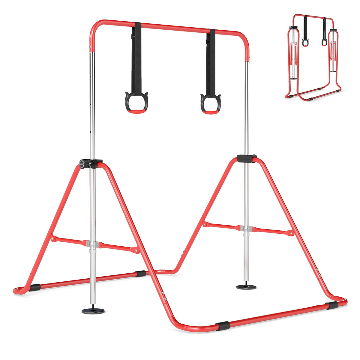 Kids Gymnastic Horizontal Bar 4 Heights with Rings | Red