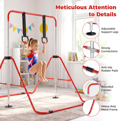 Kids Gymnastic Horizontal Bar 4 Heights with Rings | Red